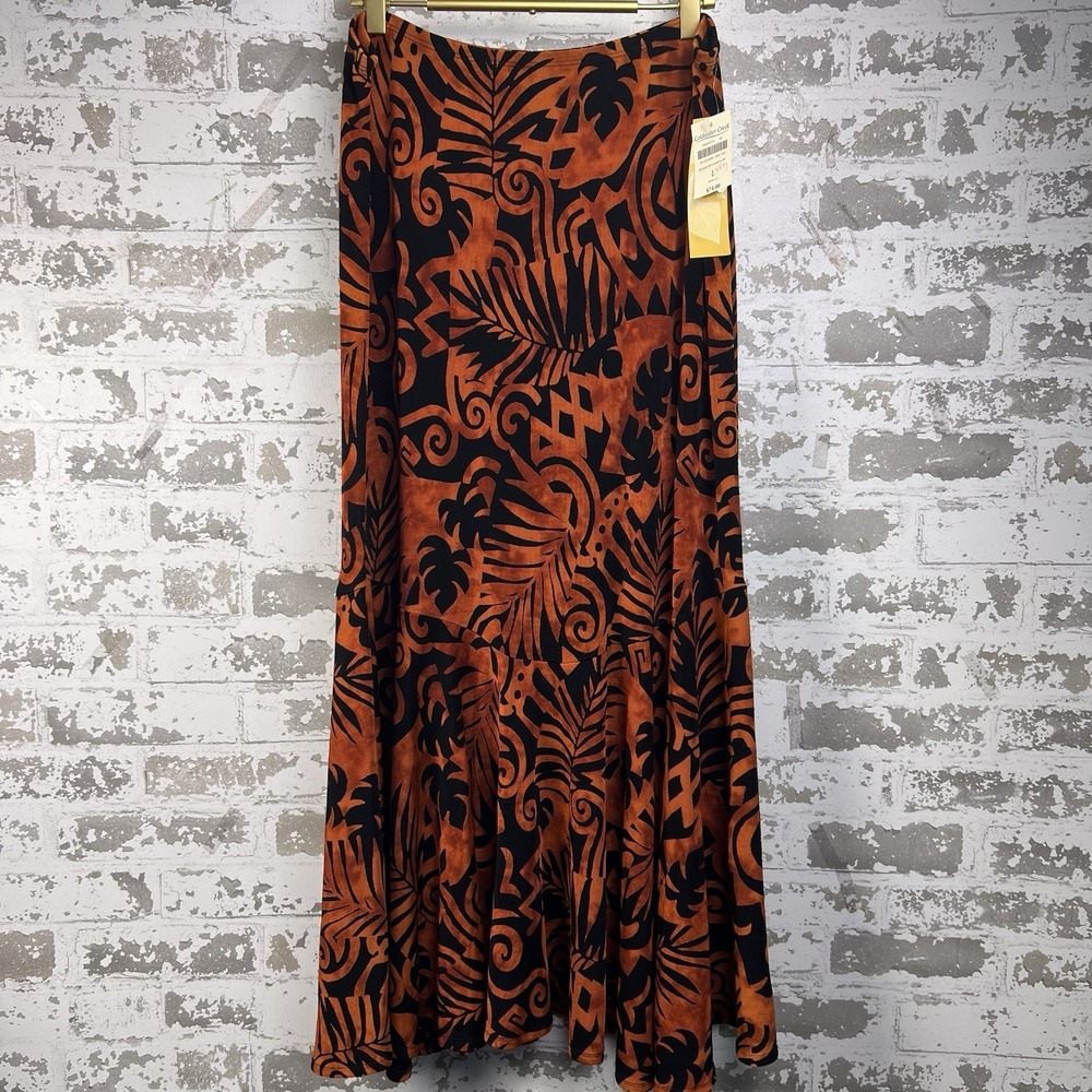 Vtg Y2K Slinky Travel Knit Maxi Skirt Sz L Burnt Orange Black Boho Island Print